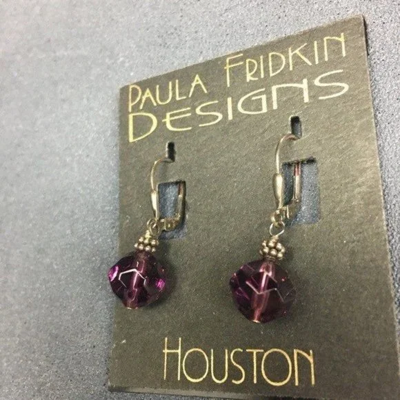 Paula Fridkin Designs Earrings Houston Purple Faceted Gunmetal Silver Dangle - Picture 2 of 3